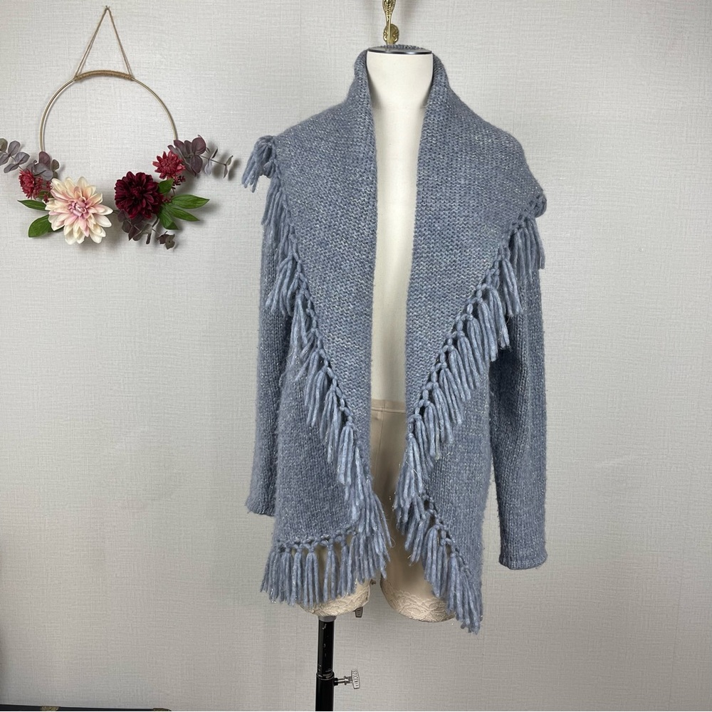 LOVE SHACK FANCY Gray Sweater Fringe Front Trim Wool Alpaca Blend Cardigan XXS